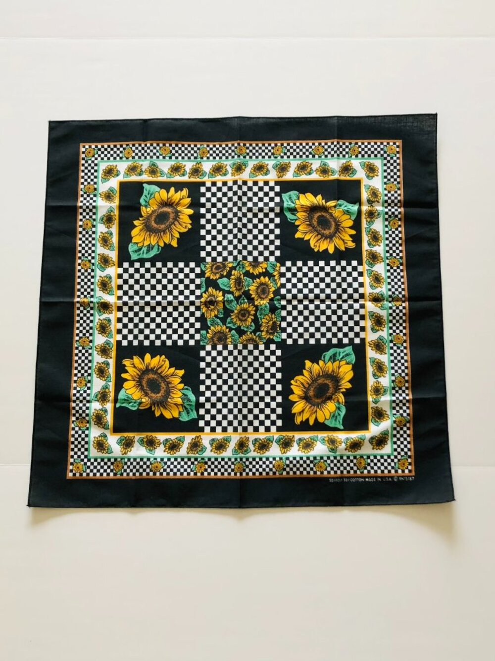 Bandana Scarf Neckerchief Sunflower Black White Checkered Head Wrap Made in USA